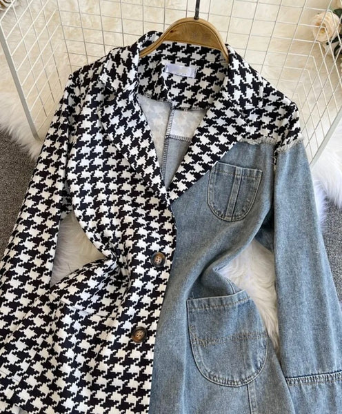 Women Fashion Houndstooth Denim Patchwork Blazer Top