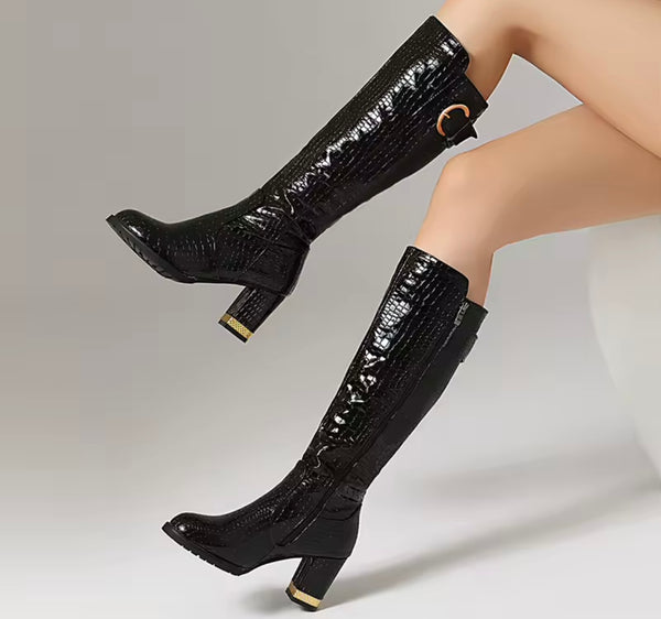 Women Buckled Faux Leather Fashion Knee High Boots