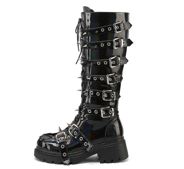 Women Fashion Platform Buckled Lace Up Knee High Boots