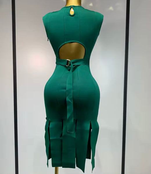 Women Sexy Sleeveless Green Open Back Tassel Bandage Dress