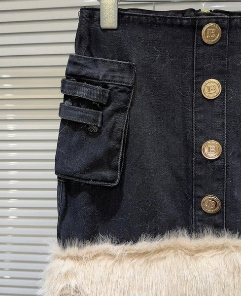 Women Fashion Button Up Faux Fur Patchwork Denim Skirt