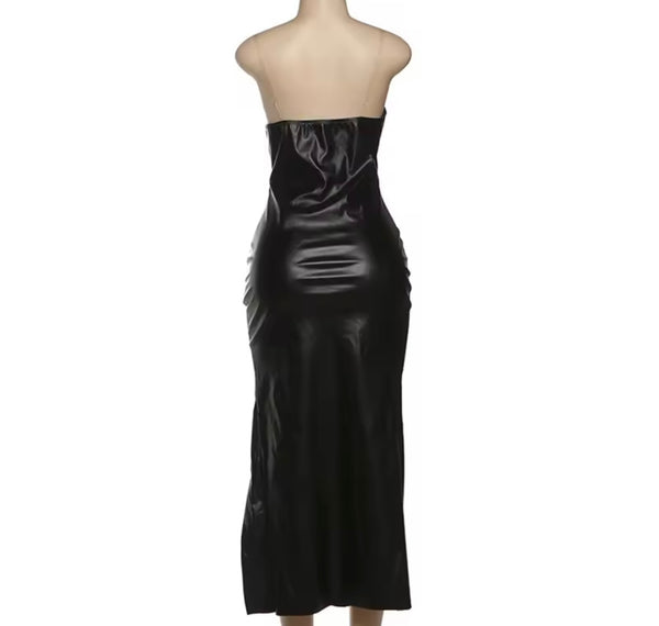 Women Black Sleeveless Faux Leather Split Sexy Maxi Dress