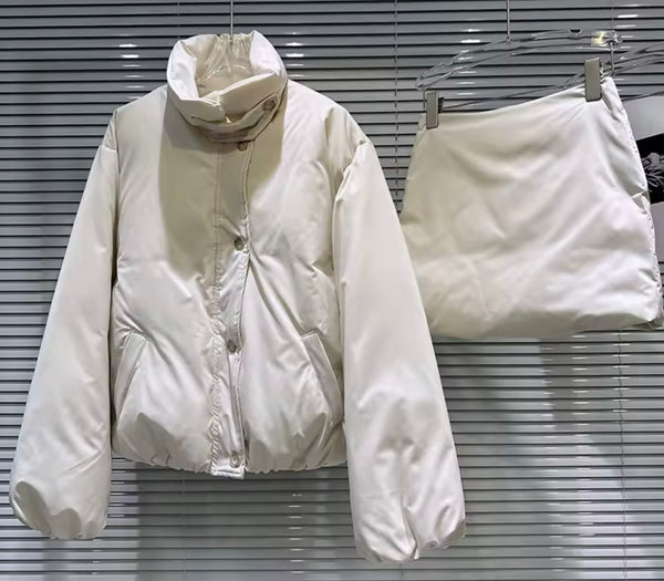 Women Fashion Puff Button Up Jacket Two Piece Skirt Set