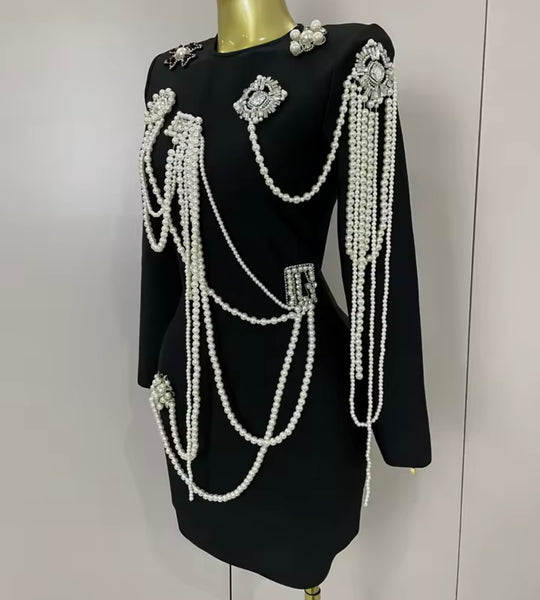 Women Black Sexy Beaded Pearl Full Sleeve Dress