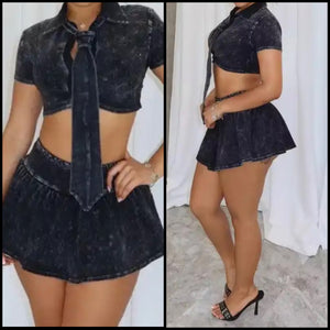 Women Sexy Tie Short Sleeve Crop Two Piece Skirt Set