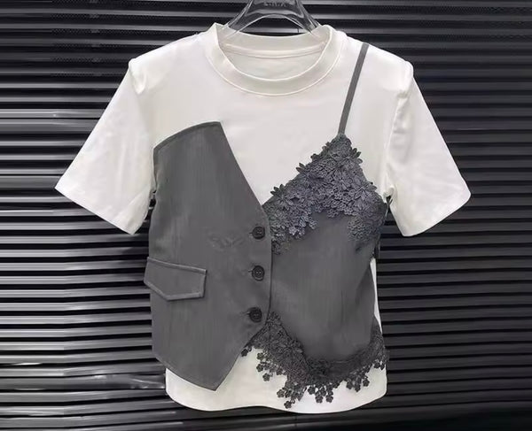 Women Color Patchwork Short Sleeve Two Piece Skirt Set