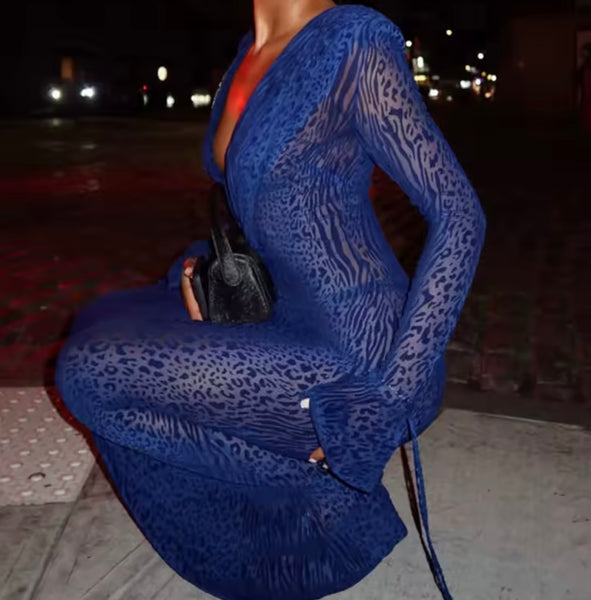 Women Sexy Blue Printed Mesh Full Sleeve Maxi Dress