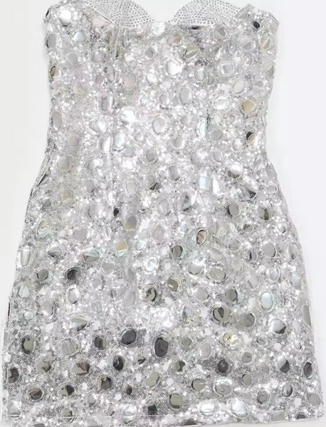 Women Sexy Strapless Sequins Mirror Dress