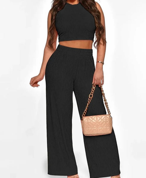 Women Sleeveless Solid Color Fashion Two Piece Pant Set