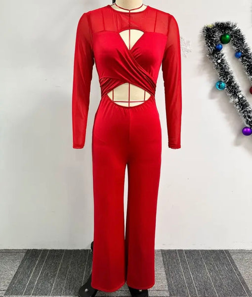 Women Sexy Red Cut Out Full Sleeve Jumpsuit