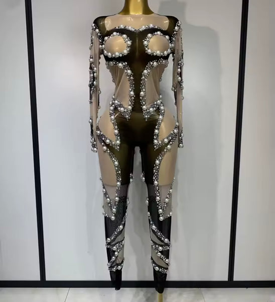 Women Sexy Black Pearl Rhinestone Mesh Patchwork Jumpsuit