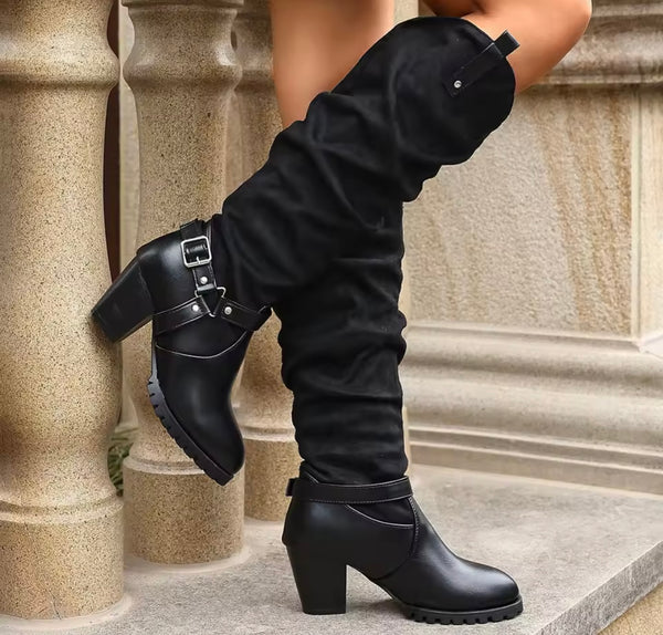 Women Fashion Buckled Chunky Heel Knee High Western Boots