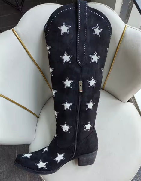 Women Fashion Star Fringe Tassel Knee High Western Boots