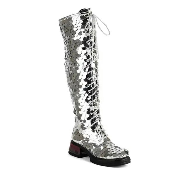 Women Fashion Silver Sequins Lace Up Knee High Boots