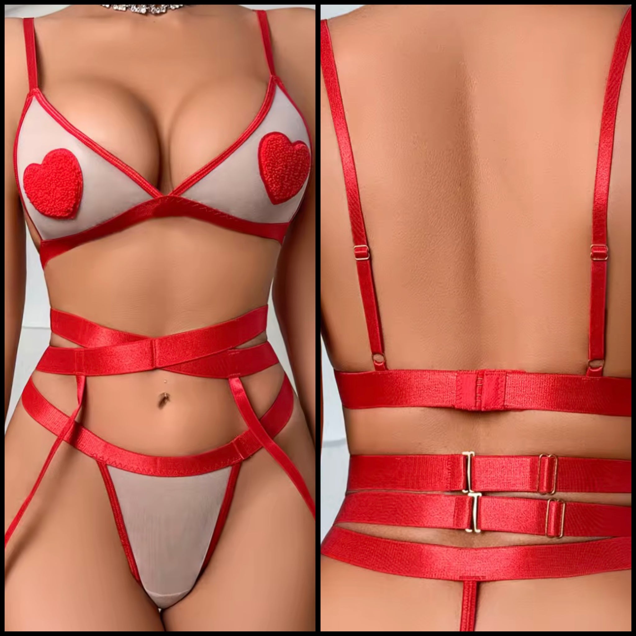 Women Sexy Red Heart Mesh G-String Lingerie Set