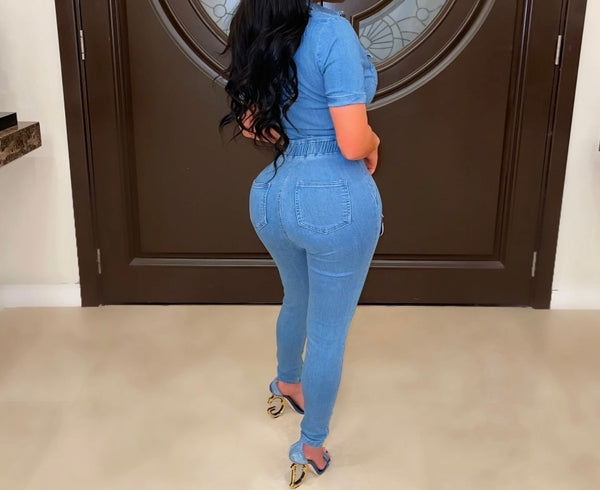 Women Short Sleeve Cut Out Sexy Denim Jumpsuit