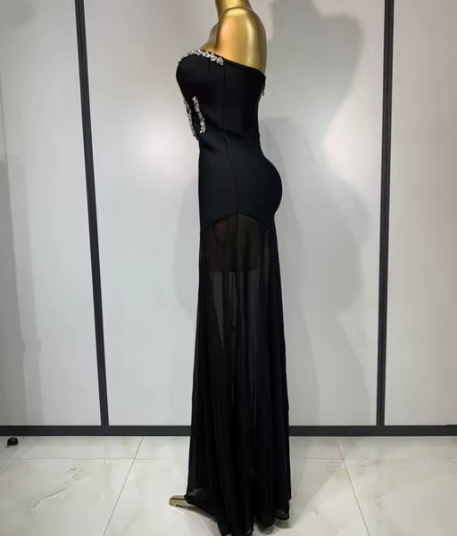 Women Black Sexy Rhinestone Strapless Mesh Patchwork Dress