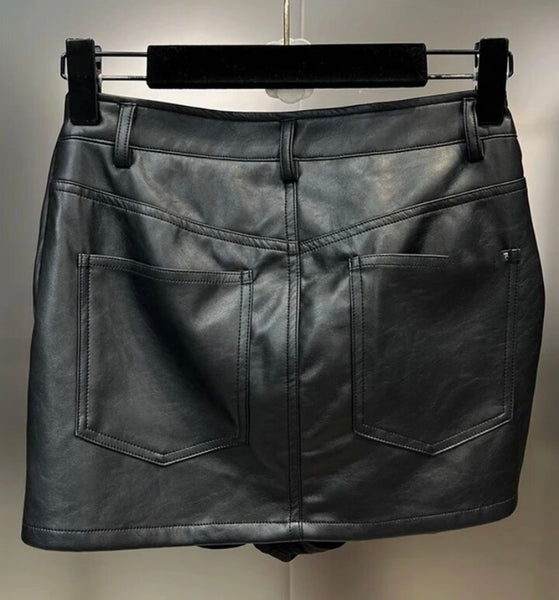 Women Black Bow Fashion Faux Leather Skirt