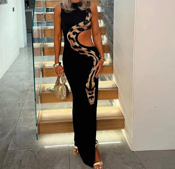 Women Black Snake Cut Out Sexy Sleeveless Maxi Dress