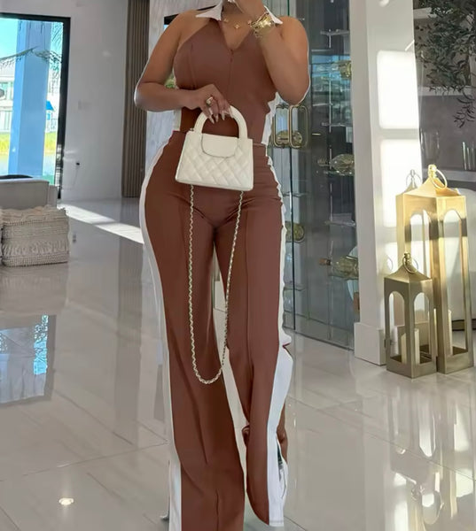 Women Color Fashion Sleeveless Zip Up Tracksuit Two Piece Pant Set