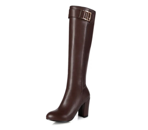 Women Fashion Faux Leather Buckled Knee High Boots