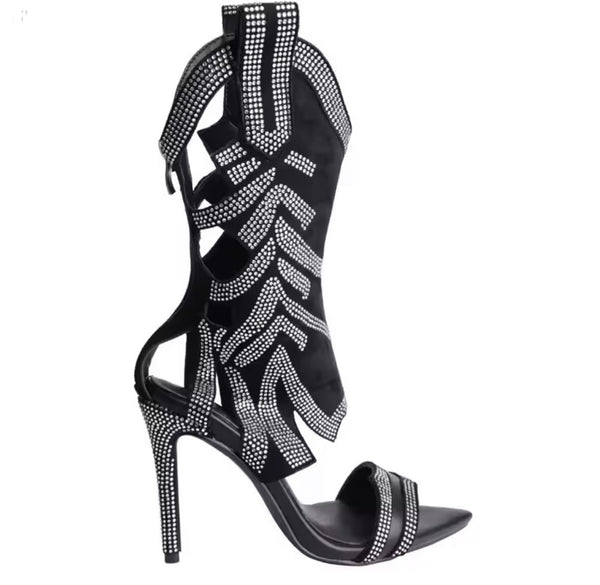 Women Fashion Open Toe Black Rhinestone High Heel Ankle Boots