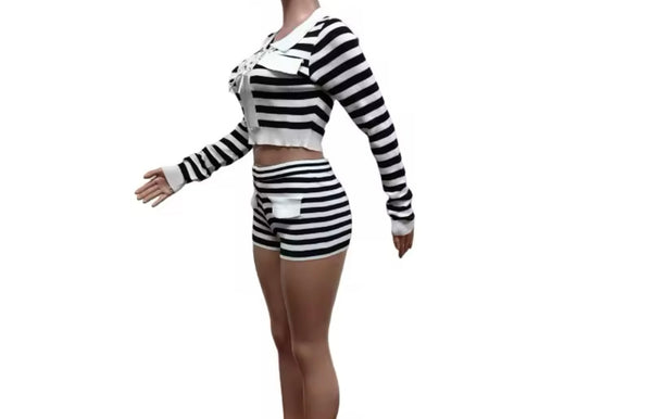 Women Fashion B&W Striped Lace Up Full Sleeve Two Piece Short Set