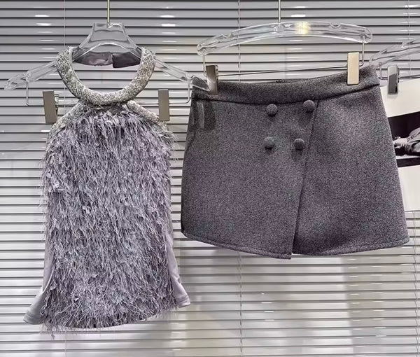 Women Furry Bling Halter Sexy Two Piece Button Wrap Skirt Set