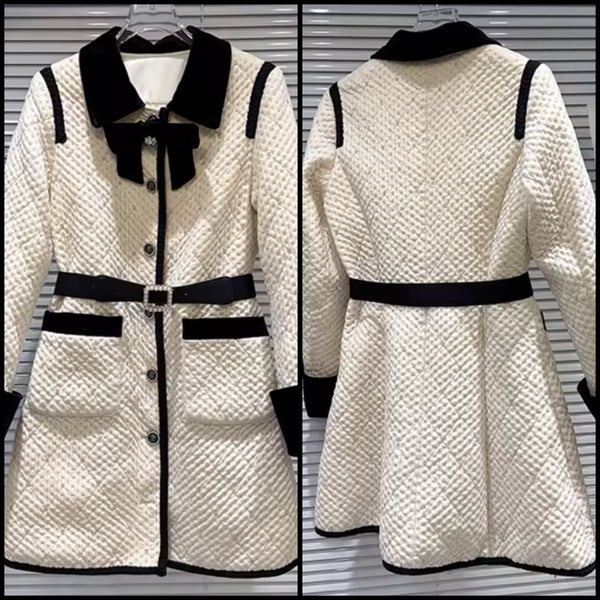 Women Color Patchwork Bow Rhinestone Button Up Jacket