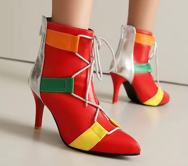 Women Fashion Color Striped Lace Up Ankle Boots