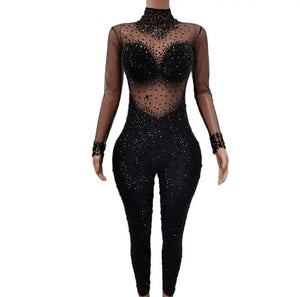 Women Sexy Fashion Bling Crystal Mesh Full Sleeve Jumpsuit