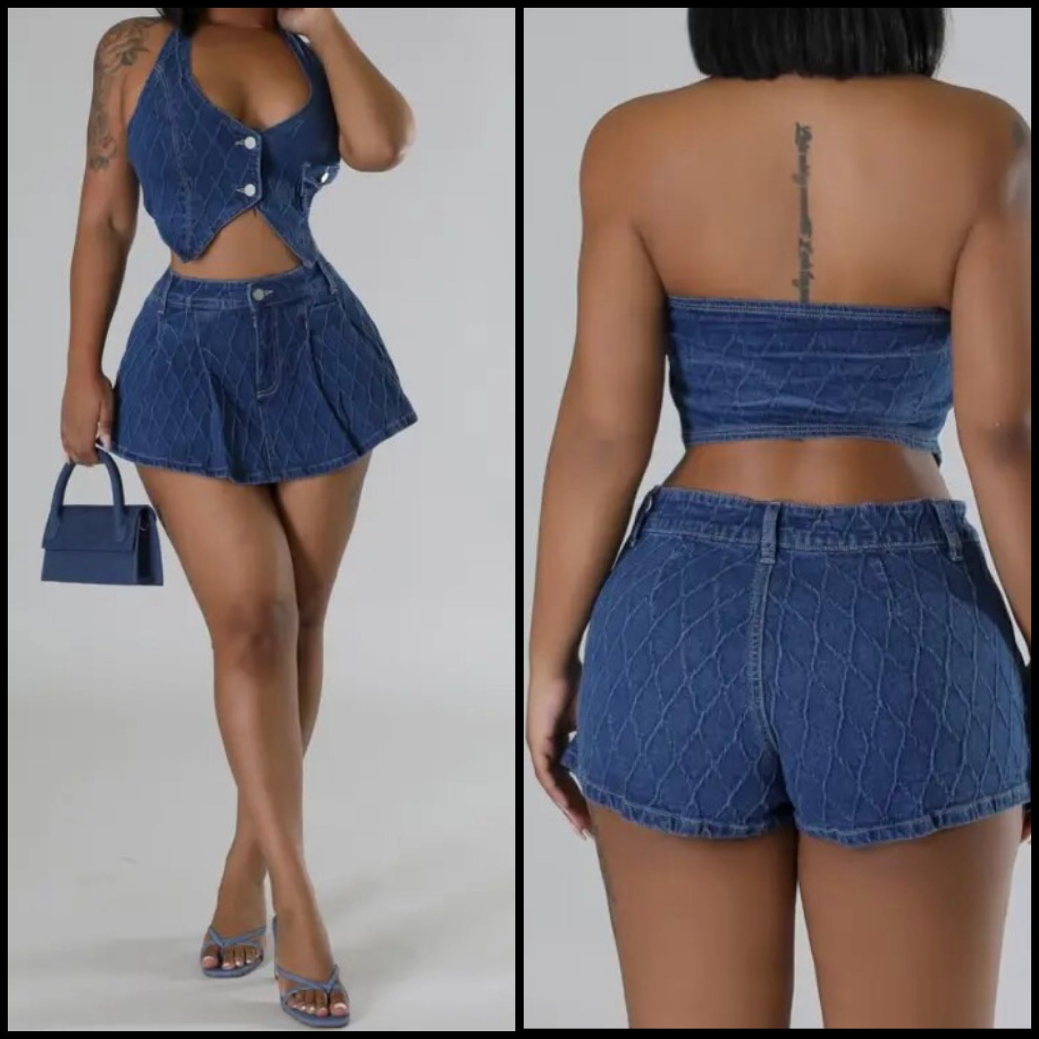 Women Sexy Denim Halter Two Piece Wrap Short Set