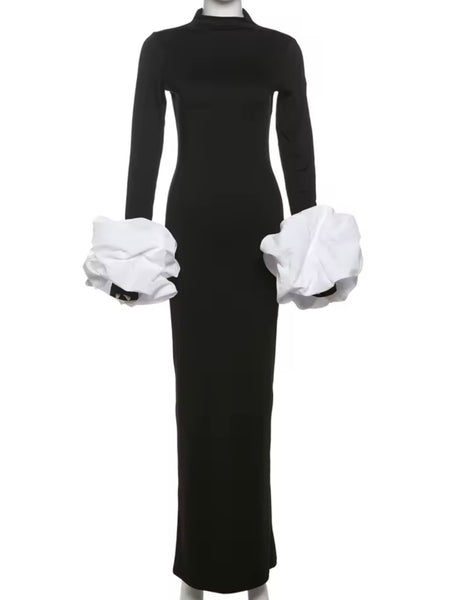 Women Sexy B&W Turtleneck Full Detachable Cuff Sleeve Maxi Dress