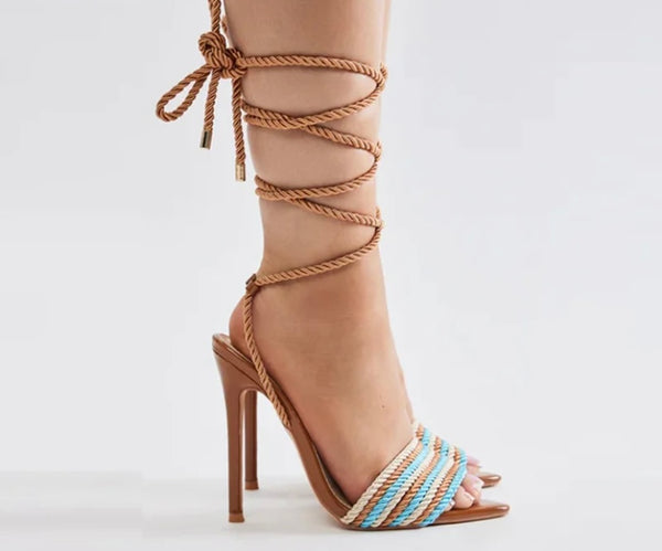 Women Color Striped Fashion Lace Up Sandals