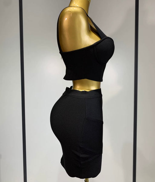 Women Sexy Color Sleeveless Bandage Two Piece Skirt Set