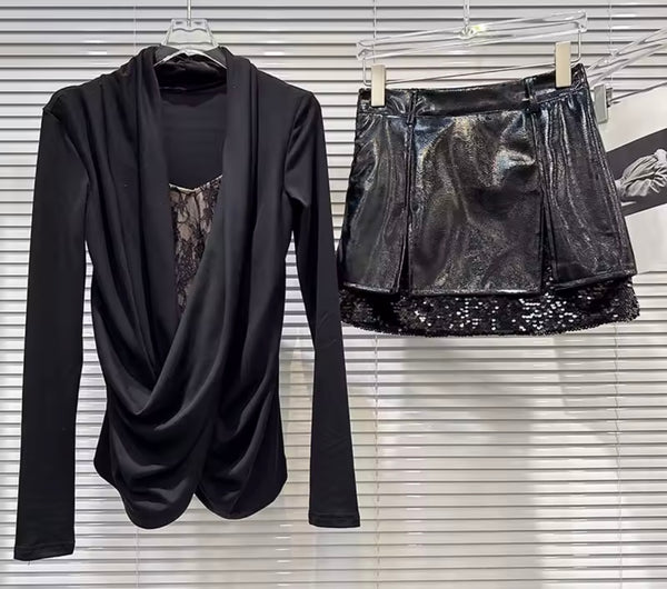 Women Sexy Full Sleeve Two Piece Sequins PU Leather Skirt Set