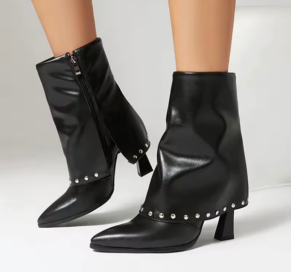 Women Pointed Toe Rivet High Heel Fashion Ankle Boots