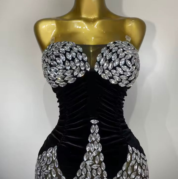 Women Sexy Sleeveless Crystal Black Ruched Velvet Dress