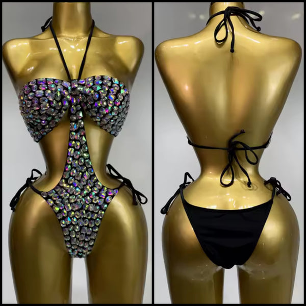 Women Sexy Black Halter Crystal Swimsuit