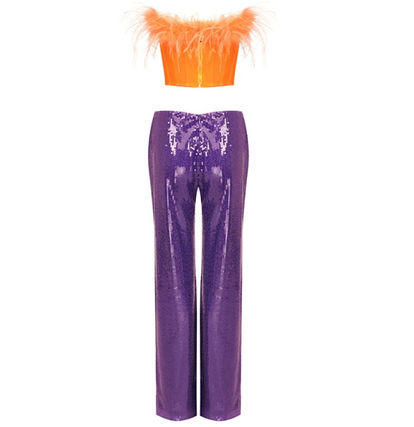 Women Color Patchwork Feather Strapless Two Piece Sequins Pant Set