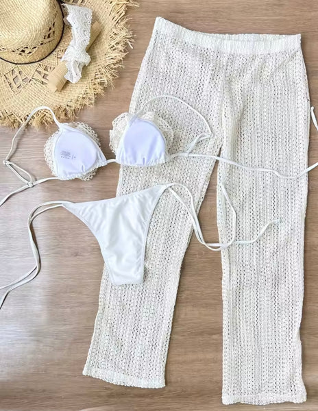 Women Sexy White 3D Floral Knitted Bikini Cover Up Set