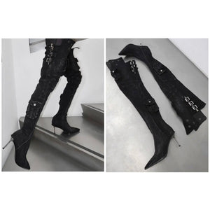 Women Fashion Black Denim Buckled Pocket Over The Knee Boots