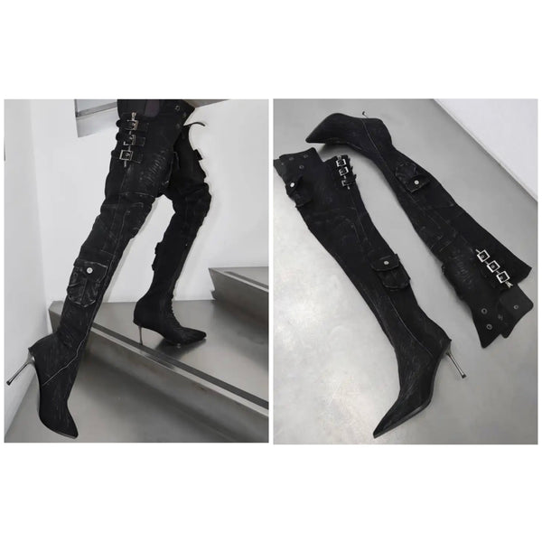 Women Fashion Black Denim Buckled Pocket Over The Knee Boots