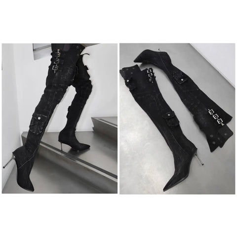 Women Fashion Black Denim Buckled Pocket Over The Knee Boots