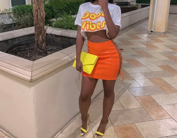 Women Sexy PU Lace Up Color Skirt