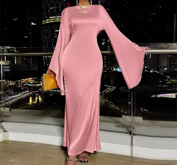Women Sexy Satin Full Flare Sleeve Open Back Maxi Dress