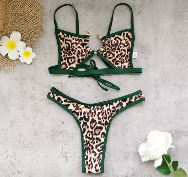 Women Sexy Green Leopard Thong Bikini Swimsuit
