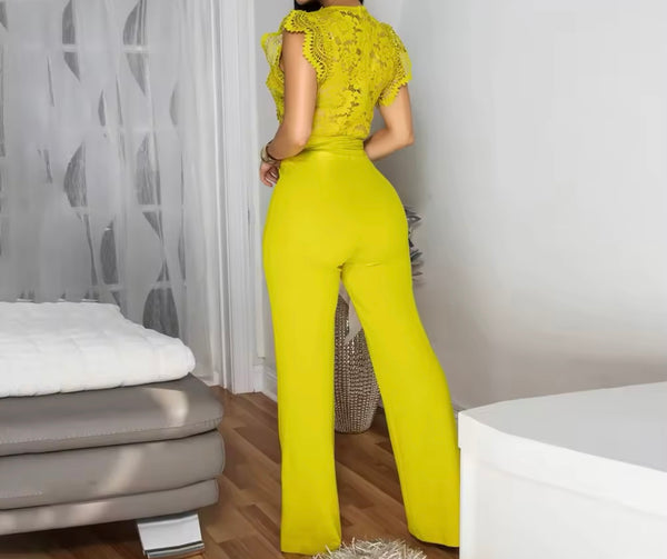 Women Sexy Lace Patchwork Short Sleeve Tie Up Jumpsuit