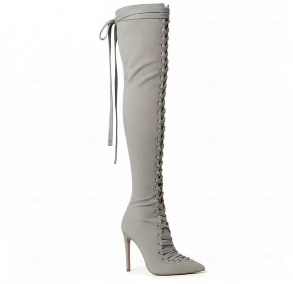 Women Fashion Pointed Toe Lace Up Suede Knee High Boots