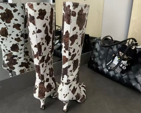 Women Fashion Animal Print Pointed Toe Knee High Boots